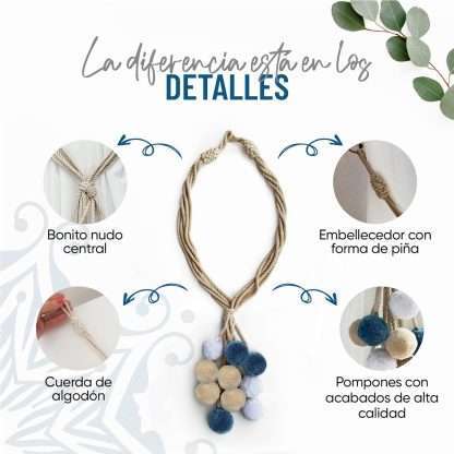 Curtain tiebacks, boho style, made with cotton ropes and colored pompoms in blue-gray and beige tones