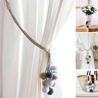 Curtain tiebacks, boho style, made with cotton ropes and colored pompoms in blue-gray and beige tones