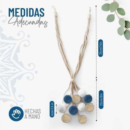 Curtain tiebacks, boho style, made with cotton ropes and colored pompoms in blue-gray and beige tones