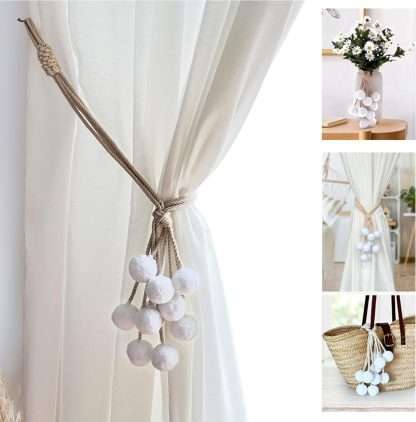 Curtain tiebacks, boho style, made with cotton ropes and colored pompoms in white