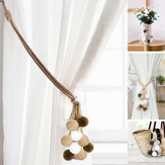 Curtain tiebacks, boho style, made with cotton ropes and colored pompoms in brown and beige tones