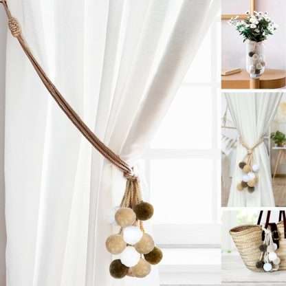 Curtain tiebacks, boho style, made with cotton ropes and colored pompoms in brown and beige tones