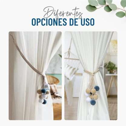 Curtain tiebacks, boho style, made with cotton ropes and colored pompoms in blue-gray and beige tones