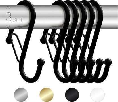 6 S-shaped hooks with anti-fall closure. S hooks with latch. Lockable S-hooks, closed. Black color