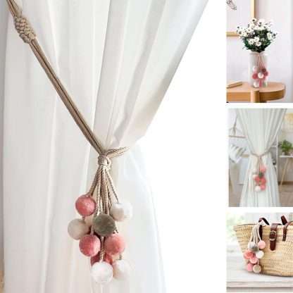 Curtain tiebacks, boho style, made with cotton ropes and colored pompoms in pink and beige tones