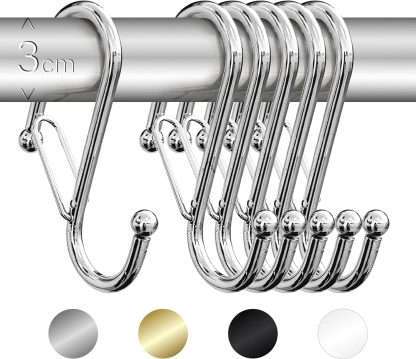 6 S-shaped hooks with anti-fall closure. S hooks with latch. Lockable S-hooks, closed. chrome color