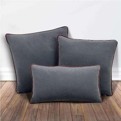 Set of 3 cushions made of soft velvet, in gray and maroon edge. With pipe edge