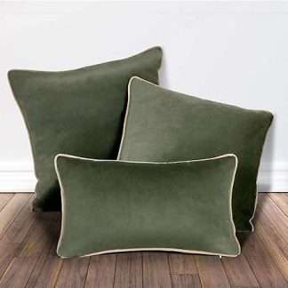 Set of 3 cushions made of soft velvet, in kakhi green and beige border. With pipe edge