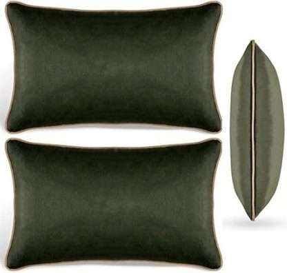 Set of 2 cushions made of soft velvet, in kakhi green and beige border. With pipe type edge. Size 30x50cm