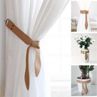 Knotted curtain tiebacks made of super soft beige faux leather