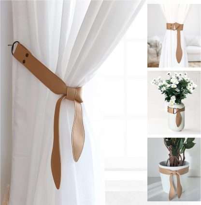 Knotted curtain tiebacks made of super soft beige faux leather