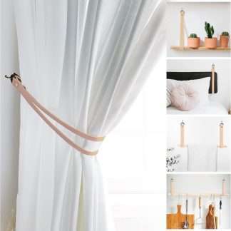 Minimalist style curtain tiebacks made of beige leather