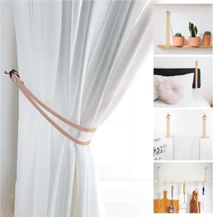 Minimalist style curtain tiebacks made of beige leather