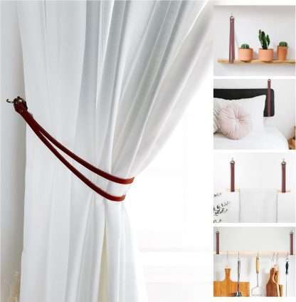 Minimalist style curtain tiebacks made of brown leather