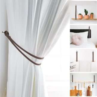 Minimalist style curtain tiebacks made of gray leather