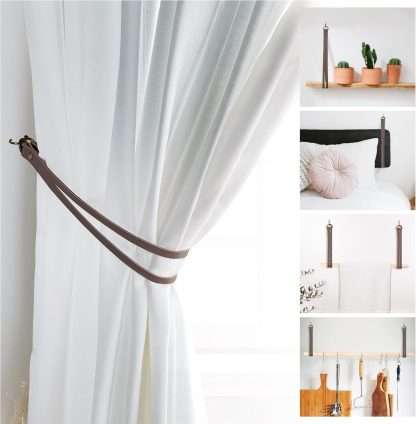 Minimalist style curtain tiebacks made of gray leather