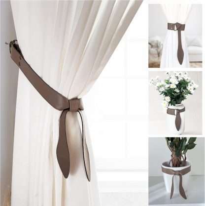 Knotted curtain tiebacks made of super soft synthetic leather in gray