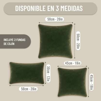 Medidas cojines realizados en terciopelo suave, en color verde y borde beige. Con borde tipo tubería