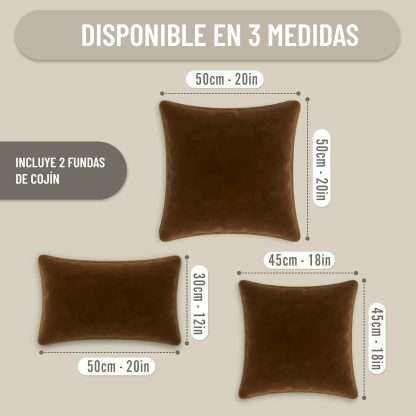 Medidas cojines realizados en terciopelo suave, en color marrón y borde beige. Con borde tipo tubería