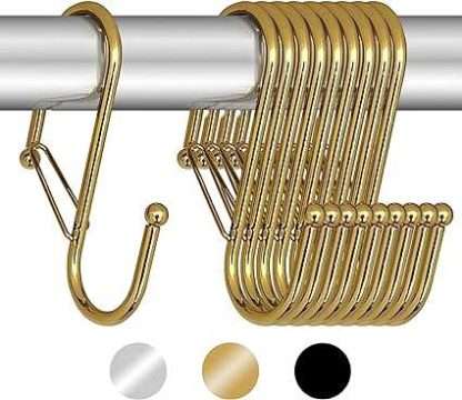 10 ganchos en forma de S con cierre anti caida. Ganchos en S con pestillo. Ganchos en S con cierre, cerrados. Color dorado